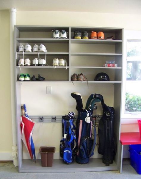 custom garage or basement storage Stroller Storage Ideas, Golf Closet, Best Stroller, Stroller Storage, Softball Gear, Basement Organization, Gear Storage, Modern Shed, Garage Studio