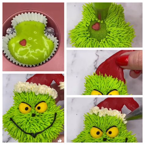 Grinch Christmas Cupcakes, Grinch Cupcakes Ideas, Grinch Cake Ideas, Grinch Desserts, Grinch Cupcakes, Creative Christmas Food, Xmas Cupcakes, Crochet Grinch, Easy Cupcakes Decoration