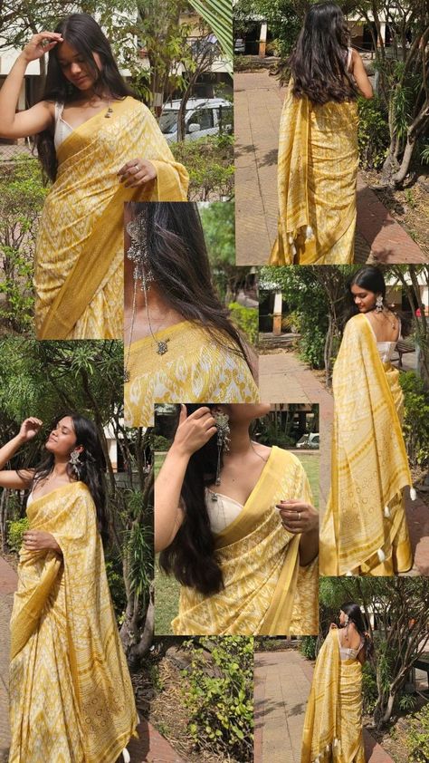 Ethenic Pose Ideas, Indian Yellow Aesthetic, Photo Idea In Saree, Poses For Pictures In Saree, Insta Saree Story Ideas, Desi Photography Poses, Saree Aesthetic Layout, Instagram Saree Story Ideas, Sare Poses Traditional