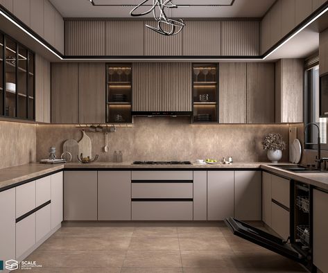 Coffee Colour Kitchen, Glossy Kitchen Cabinets Modern, Kitchen Interior Design In India, Kitchen Behance, Model Kitchen Design, Luxury Houses Kitchen, Kitchen Interior Modern, Glossy Kitchen, Main Kitchen