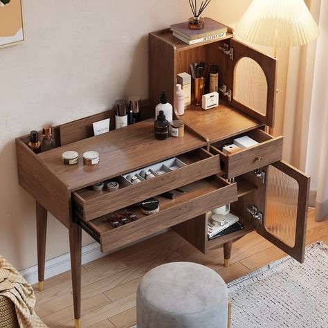 JASIWAY Modern Simple Makeup Vanity Dressing Table, Coffee - On Sale - Bed Bath & Beyond - 38120723 Makeup Vanity With Drawers, Vanity With Drawers, Wood Makeup Vanity, Mirror Makeup Vanity, Makeup Vanity Stools, Drawers For Bedroom, Table Makeup, Bedroom Makeup Vanity, Mirror Stool