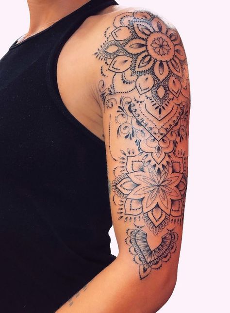 Maori Tattoo Frau, Lace Sleeve Tattoos, Mandala Tattoos For Women, Ornamental Tattoos, Mandela Tattoo, Shoulder Sleeve Tattoos, Mandala Tattoo Sleeve, Boho Tattoos, Tattoos For Women Half Sleeve