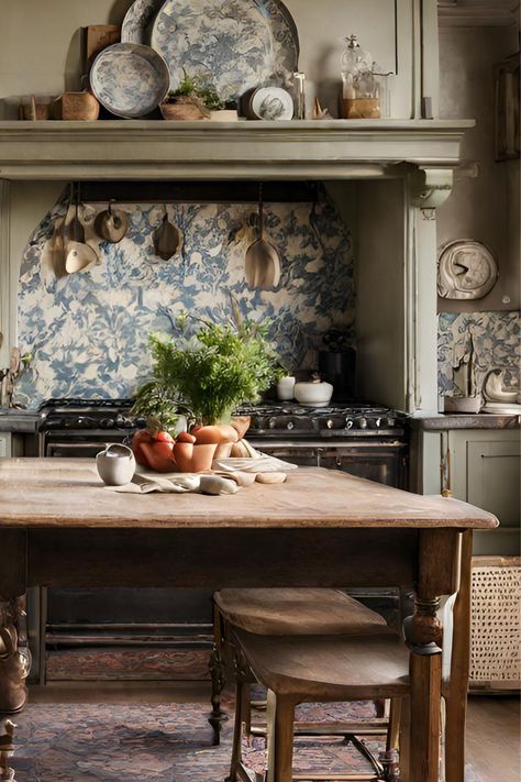 French Country Kitchen with Rug Distressed Cabinets Dining In The Kitchen, European French Kitchen, Alice Lane Interiors Kitchen, Cozy French Country Kitchen, Painted Island With Dark Wood Cabinets, British Style Kitchen, French Country Kitchen Island Ideas, French Country Estate Interior, Vintage Classic Kitchen