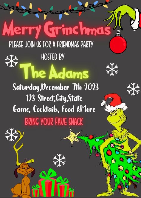 Christmas Friends Party, Friends Party Invitation, Grinch Merry Christmas, Christmas Pajama Party, Merry Christmas Friends, Sleepover Invitations, Holiday Party Invite, Winter Party Decorations, Grinch Christmas Party