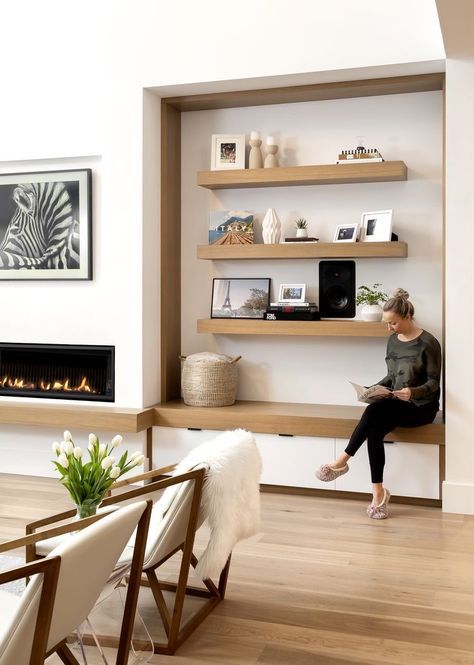 Living Room Built In Units, Floating Shelves Ideas, Contemporary Home Interior, Shelves Ideas, Latest Living Room Designs, Fireplace Built Ins, Contemporary Fireplace, Cabinetry Design, Living Room Shelves