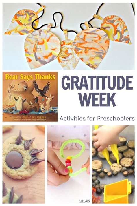 Simple activities and ideas for preschoolers on the theme of Gratitude featuring the book Bear Says Thanks by Karma Wilson. We Are Thankful Preschool Activities, Gratitude Week Preschool, Thankful Unit Preschool, Grateful Activities For Preschool, November Topics For Preschool, Teaching Gratitude To Preschoolers, Gratitude Preschool Theme, Giving Thanks Lesson Plans Preschool, Thankfulness Crafts For Kids Preschool