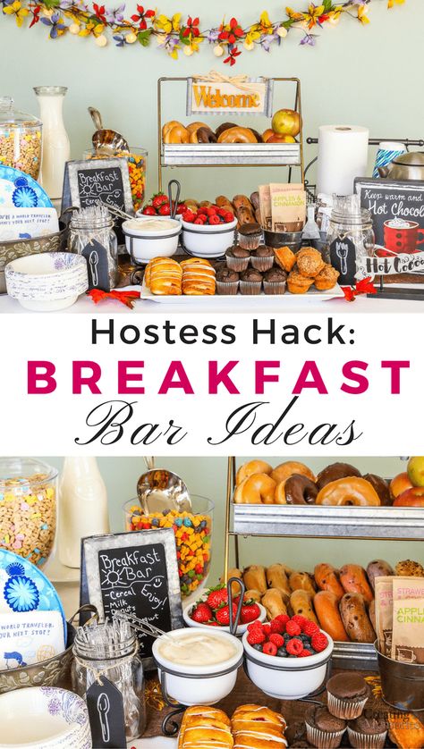 Remove the Hostess Stress of meals! Create this unbelievably easy Breakfast Bar/Buffet Hack! Make morning simple with fun decor, food ideas to please hungry families & friends. Including paleo, bright line and gluten-free food alternatives! Perfect for sleepover parties, brunch, and holiday crowds. Diy Breakfast Bar, Easy Breakfast Bar, Diy Breakfast, Brunch Bar, Buffet Party, Bar Buffet, Breakfast And Brunch, Breakfast Party, Brunch Buffet