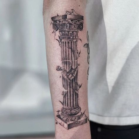 Greek Tattoo Inspiration, Roman Aesthetic Tattoo, Greek Scale Tattoo, Roman Temple Tattoo, Roman Collums Tattoo, Architecture Inspired Tattoo, Greek Design Tattoo, Greek Collums Tattoo, Greek Mural Tattoo