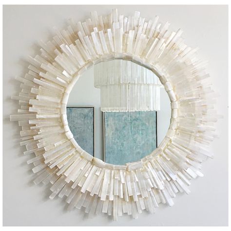 Selenite Crystal Sunburst Mirror. A twist on a classic and an amazing statement piece. Crystal Mirror, Wall Hanging Mirror, Selenite Stone, Starburst Mirror, Crystal Room, Stone Mirror, Elegant Mirrors, Deco Originale, Hanging Wall Mirror