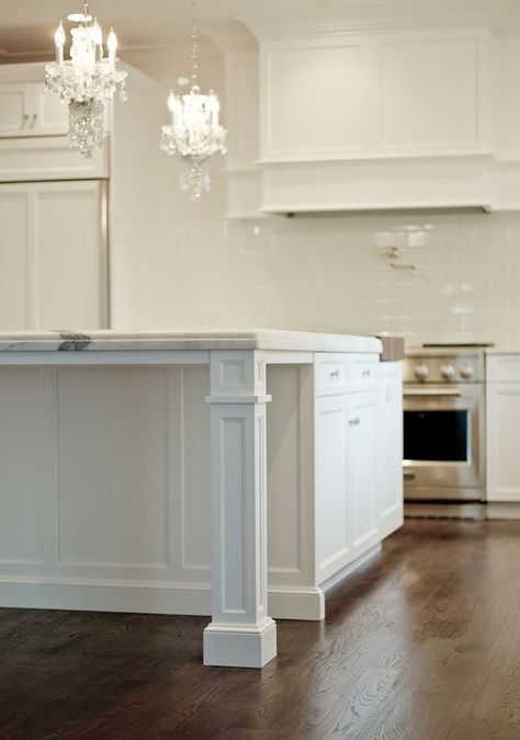 Kitchen Island Leg Inspiration Kitchen Island With Posts, Kitchen Island With Columns Posts, Island Overhang, Kitchen Island Posts, Kitchen Island With Legs, Kitchen Island With Columns, Hood Cabinet, Square Island, Elegant Cottage