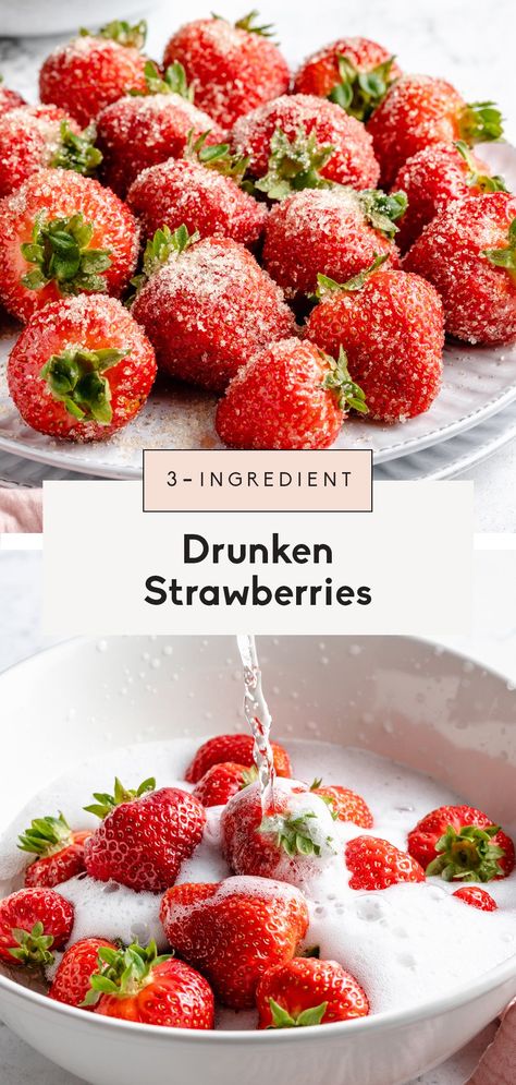 Your new favorite party treat: drunken strawberries! These simple, beautiful wine-soaked strawberries are made with fresh strawberries, your favorite bubbly wine and sweet cane sugar. Skip the bottle of wine and bring these to your next party, brunch or girl's night! #strawberries #cocktail #alcohol #champagne #party Vodka Soaked Strawberries, Drunken Strawberries, Vodka Strawberries, Wine Party Appetizers, Girls Night Dinner, Healthy Cocktail Recipes, Chocolate Covered Strawberry Cake, Healthy Cocktails, Ambitious Kitchen