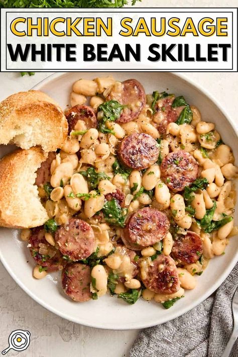 Chicken Sausage White Bean Skillet White Bean And Sausage Skillet, White Bean Sausage Skillet, Chicken Sausage Beans Recipes, Smoked Sausage And Beans, Sausage And Beans Recipes, White Beans And Sausage Recipe, Beans And Sausage Recipe, White Beans And Sausage, White Bean Casserole