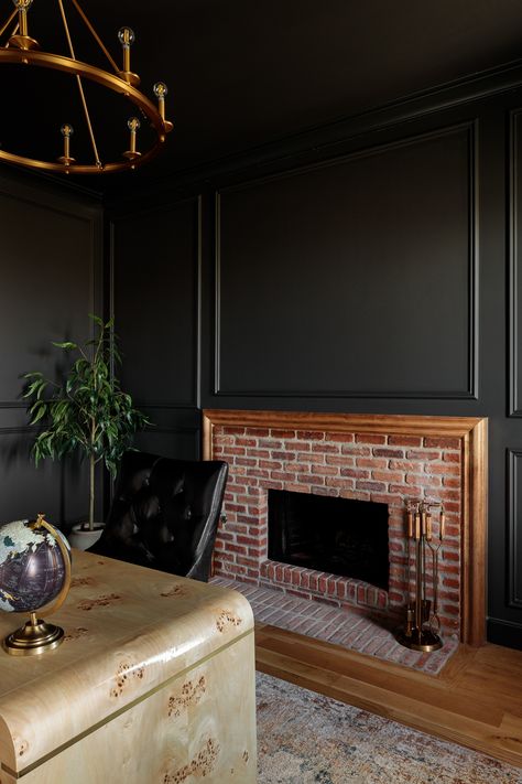 Moody Fireplace Built Ins, Brick Fireplace With Black Built Ins, Dark Moody Living Room, Red Brick Fireplace, Moody Office, Red Brick Fireplaces, Academia Room, Black And White Office, Moody Living Room