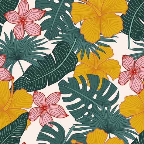 Seamless floral pattern with tropical fl... | Premium Vector #Freepik #vector #background #pattern #flower #vintage Tropical Prints Pattern, Tropical Flowers Pattern, Flower Pattern Drawing, Seamless Floral Pattern, Pattern Design Inspiration, Cat Air, Plant Painting, Tropical Floral Print, Floral Poster