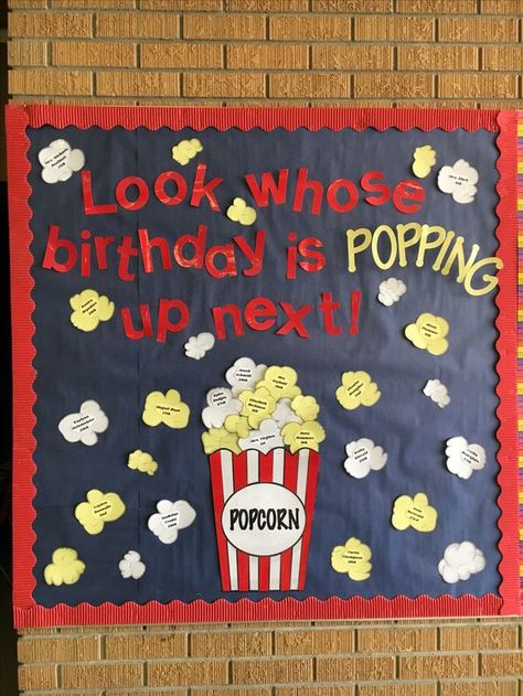 Bday Charts For Preschool, Preschool Bday Boards, Bday Bulletin Board, Class Birthday Wall Ideas, Workplace Birthday Board, Teacher Birthday Bulletin Board Ideas, Bday Board Preschool, Popcorn Birthday Board, Birthday Classroom Display Ideas