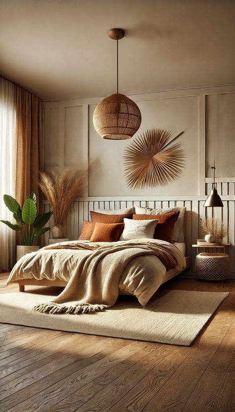 Transform your sanctuary with this cozy home bedroom refresh! Soft neutral tones, natural textures, and stylish decor pieces create a serene atmosphere. Perfect inspiration for a calming retreat. #BedroomDesign #HomeRefresh #InteriorDecor 🌿🛏️💫 Bohemian Bedroom Decor Small Room, Rattan Bedroom Aesthetic, Luxe Boho Bedroom, Neutral Bedroom Colours, Different Wood Tones In One Room, Cream Headboard Bedroom Ideas, Main Bedroom Decor Ideas, Tulum Condo, Warm Toned Bedroom