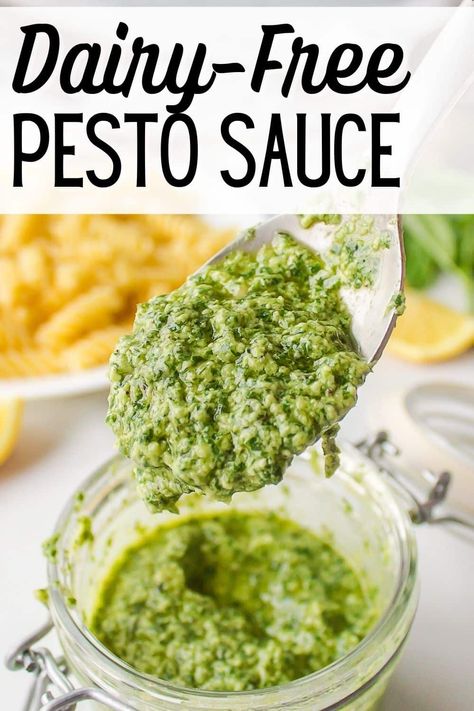 Pesto Recipes Dinner, Vegan Pesto Recipe, Nut Free Pesto, Condiments Recipes, Gluten Free Pesto, Dairy Free Pesto, Healthy Pesto, Creamy Pesto Sauce, Homemade Pesto Sauce