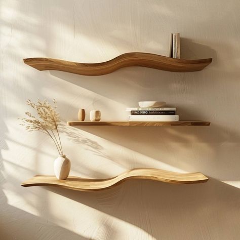 Minimalist Wall Shelves, Over Couch Floating Shelves, Office Room Shelves, Bookshelf Hanging Wall, Float Shelves Living Room, Organic Modern Scandinavian, Modern Nature Interior Design, Decorative Shelving Ideas, Mcm Floating Shelves