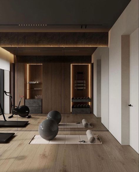 Yoga And Fitness, Modern Home Gym Design Fitness Rooms, Organic Modern Home Gym, Luxury Fitness Room, Chic Home Gym, Pilates Room Design, At Home Wellness Room, Wellness Room Design, Gym Room Aesthetic