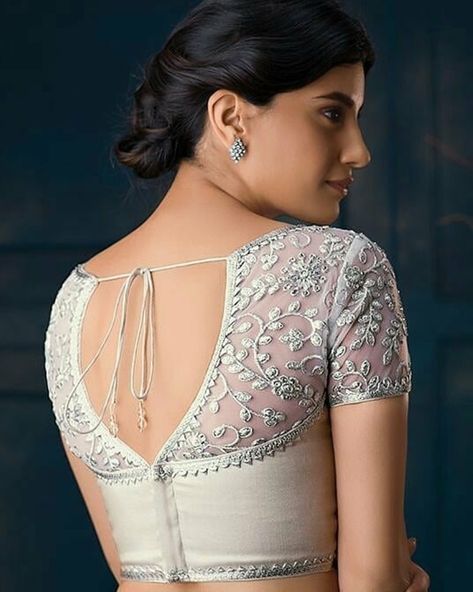 Saree Jacket Designs, Netted Blouse Designs, Cotton Saree Blouse Designs, Silver Blouse, Saree Blouse Neck Designs, Backless Blouse Designs, New Saree Blouse Designs, Latest Model Blouse Designs, Blouse Back Neck Designs