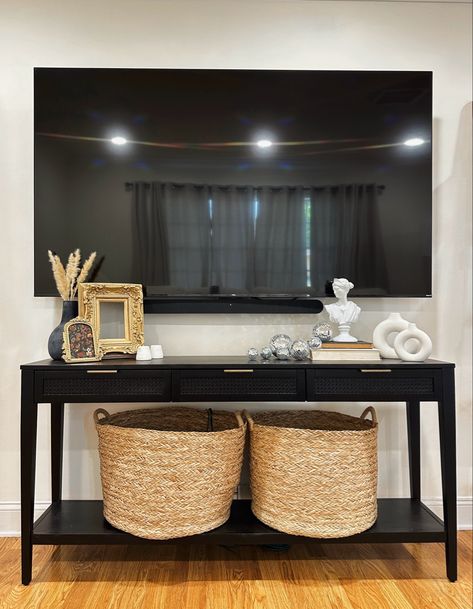 Black Console Table Tv, Narrow Console Table Under Tv, Black Console Table Living Room, Small Tv Console Ideas Mounted Tv, Sofa Table Under Mounted Tv, Entryway Table Under Tv, Console Table Tv On Wall, Tv Stand As Entry Table, Styling Tv Stand Living Rooms