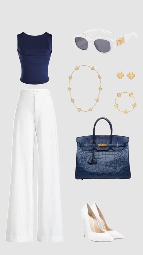 Navy Blue And White Aesthetic, White Classy Outfit, Blue And White Aesthetic, Dinner Vacation, Blue And White Outfits, Soft Feminine Outfits, Fancy Outfit, Feminine Outfits, Clueless Outfits