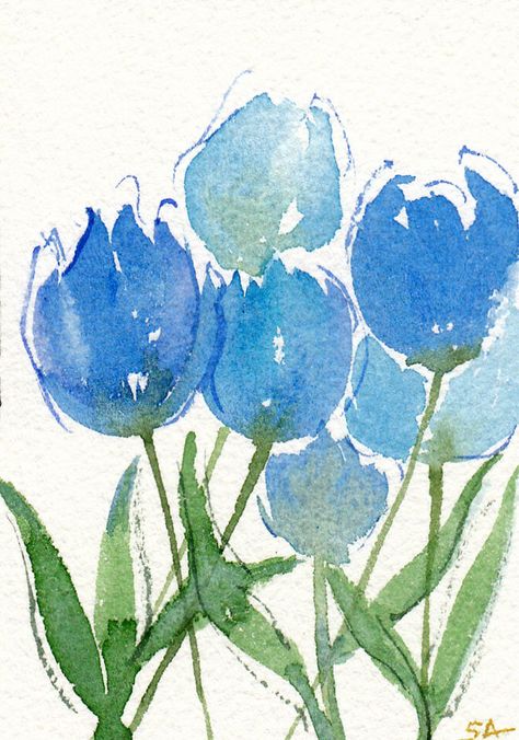 Tulip Painting, Tulips Art, Watercolor Tulips, Blue Artwork, Watercolor Paintings For Beginners, Blue Tulips, Diy Watercolor Painting, Watercolor Flower Art, Watercolor Flowers Paintings