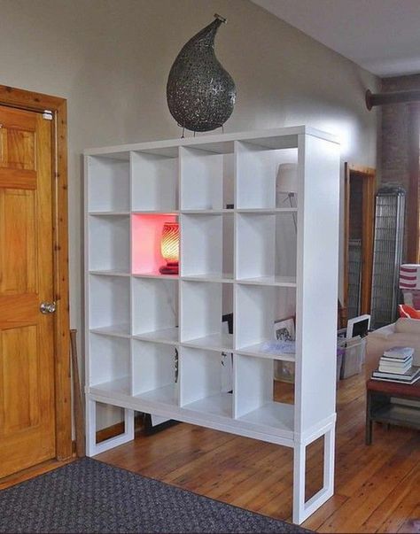 IKEA KALLAX turns into high impact room divider | IKEA Hackers | Bloglovin’ Ikea Small Apartment, Studio Apartment Room Divider, Ikea Room Divider, Kids Room Divider, Interior Ikea, Room Divider Headboard, Kallax Shelving, Room Divider Ideas, Temporary Room Dividers