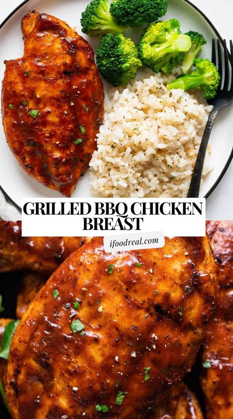 Tender Grilled BBQ Chicken Breast with smoky BBQ sauce and simple ingredients. This easy chicken recipe is a summer favorite! Sauce For Bbq Chicken, Chicken Breast On The Bbq, How To Make Bbq Chicken, Bbq Chicken Grill Recipes, Barbecue Grilled Chicken, Bbq Chicken Breast Grill, How To Bbq Chicken On The Grill, Bbq Chicken With Rice, Chicken Breast Recipes Summer