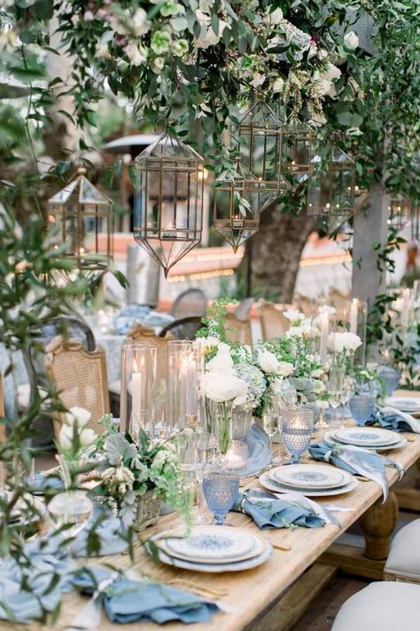 Light Blue Wedding, Blue Themed Wedding, Dusty Blue Weddings, Table Set Up, Wedding Preparation, Long Table, White Plates, Wedding Table Settings, Wedding Tablescapes