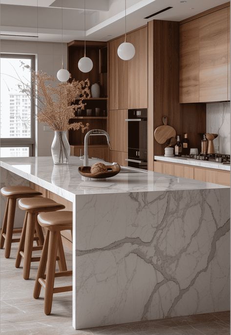 Kitchen Beige Aesthetic, Contemperory Kitchen, Closed Kitchen Interior Design, Modern Style Kitchen Cabinets, U Design Kitchen, Kitchen Home Ideas, Kitchen Walnut Cabinets White Countertops, Tall Kitchen Ceilings Upper Cabinets, Walnut Cabinets With White Countertops