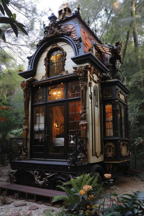 Victorian Tiny House Plans, Tiny House Solutions, Gothic Tiny House Plans, Gothic Tiny Home, Victorian Tiny Home, Castle Tiny House, Gothic House Design, Modern Witch House, Tiny House Aesthetic