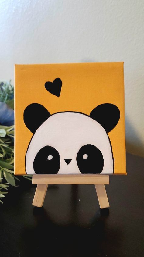 Mini Love Canvas Art, Painting Tiny Canvas, Wooden Easel Stand, Music Graphics, Color Music, Tiny Canvas, Cute Easy Paintings, Panda Painting, Kids Canvas Art