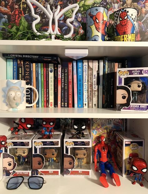 Aesthetic Geek Room, Wanda Maximoff Room Decor, Comic Book Room Decor, Marvel Inspired Bedroom, Marvel Aesthetic Room Decor, Nerd Room Aesthetic Bedroom, Comic Room Aesthetic, Marvel Room Decor Aesthetic, Marvel Themed Bedroom Aesthetic