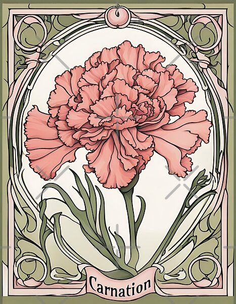 Art Nouveau Carnation, Art Nouveau Flower Design, Art Deco Flowers Illustration, Carnation Flower Art, Art Nouveau Graphics, Vintage Art Nouveau Illustration, Art Nouveau Watercolor, Carnation Flower Painting, Carnation Illustration