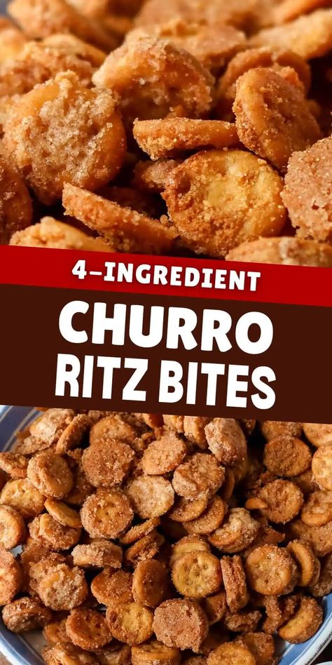 Peanut Butter Pretzel Bites Recipes, Easy Desserts For Movie Night, Oyster Cracker Churro Bites, Ritz Snacks Ideas, Trivia Snack Ideas, Simple Ingredient Snacks, Churro Ritz Crackers, Peanut Butter Ritz Bits Recipes, Cinnamon Sugar Crackers