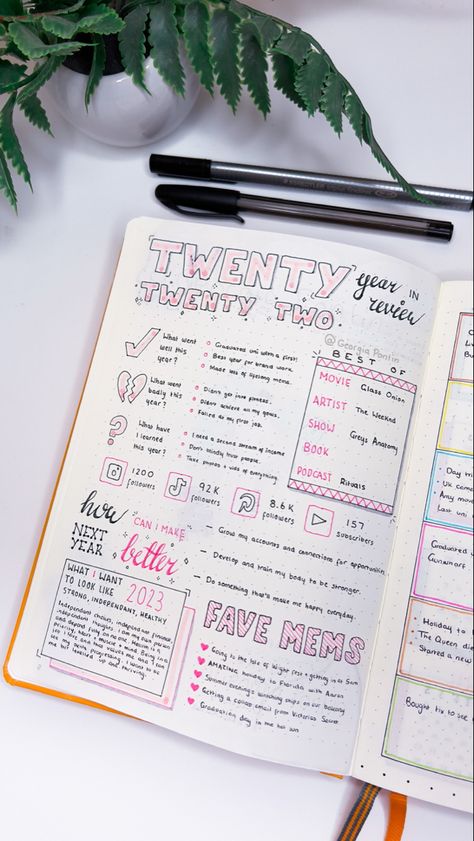 Pink writing a calligraphy on a dotted bullet journal page Bujo Yearly Pages Ideas, Journaling Ideas For New Year, Bujo Year Reflection, Yearly Journal Layout, 2023 Review Journal, Bujo Month Review, 2024 Recap Journal, Book Journal Goals Page, Bujo Favorites Page