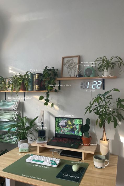 Brown Desk Room Ideas, Desk With Plants Office Spaces, Room With Desk Aesthetic, Desk With Computer Aesthetic, Black White Brown Desk Setup, Desk Set Ups Aesthetic, Plant Desk Decor, Calm Desk Setup, Organized Aesthetic Desk