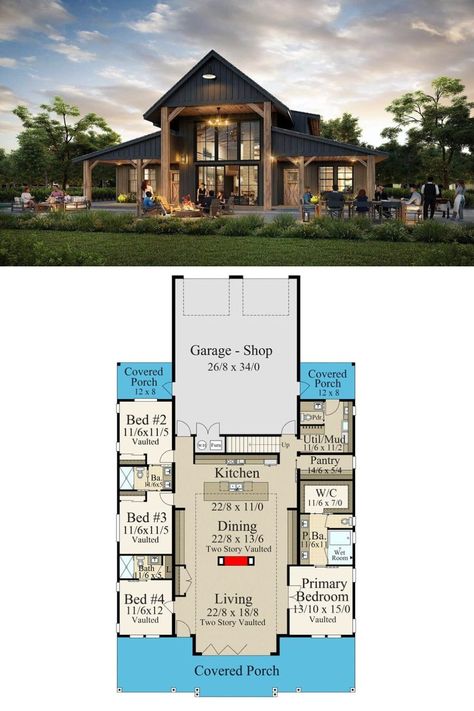 Open Floor Plan One Level House, One Story Barndominium Floor Plans 4 Bedroom, Open Floor Plan Living Room And Kitchen Barndominium, Floor Plans Barndominium Open Concept, Double Height Kitchen Design, Cathedral Ceiling Floor Plans, 2 Story 4 Bedroom Barndominium, Open Floor Plan 4 Bedroom One Story, Barndo With Big Windows