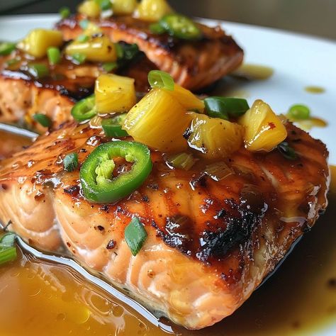 Honey Pineapple Jalapeño Salmon Spicy Salmon Recipes, Kangaroo Recipe, Honey Jalapeno, Pineapple Salmon, Pineapple Chunks, Pineapple Recipes, Spicy Salmon, Baked Salmon Recipes, Salmon Dishes