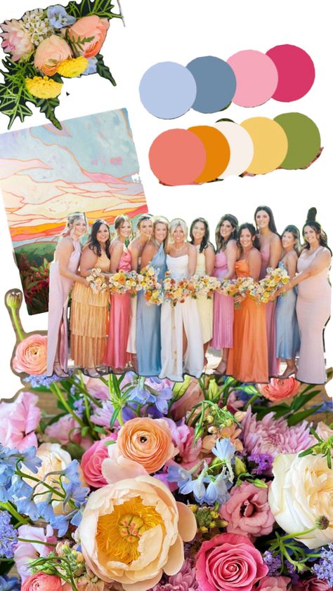 Pastel Color Palette Wedding Bridesmaid Dresses, Multi Color Spring Wedding, Bright And Bold Color Palette Wedding, Bridesmaid Color Scheme Spring, Spring Wedding Mexico, Bright Wedding Bridesmaid Dresses, Wildflower Wedding Bridesmaid Dresses, Wildflower Theme Bridesmaid Dresses, Spring Wedding Color Palette Bridesmaid Dress