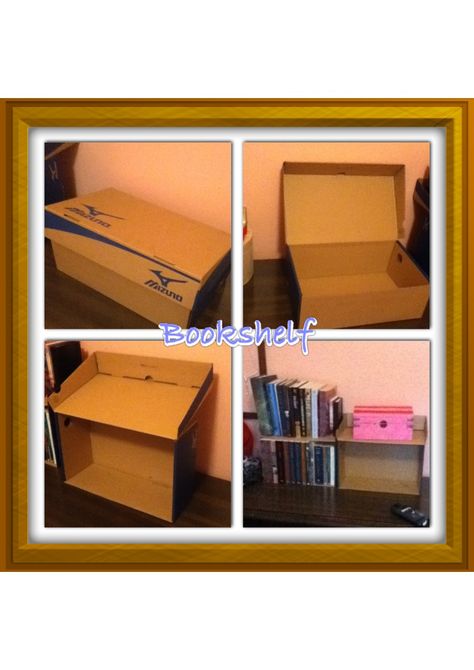 How to make a bookshelf out of a shoebox: 1.Open the box 2. Put it on its side 3. Instant bookshelf  - Haley Henderson :)  #bookshelf #homemade #cardboard #smallroomideas #bedroomideas #gettingmypintereston #booyah Diy Cardboard Bookcase, Homemade Book Shelf, How To Make A Bookshelf, Bookshelf Homemade, Diy Box Organizer, Make A Bookshelf, Shoebox Crafts, Cardboard Box Storage, Shoe Box Diy