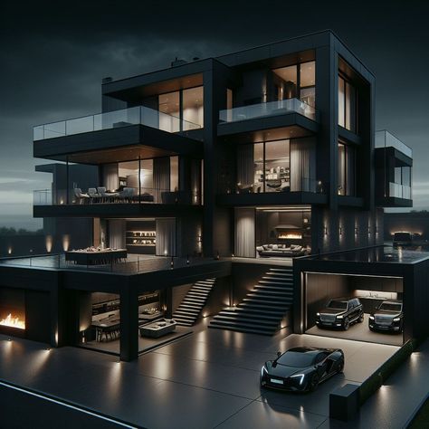 Dark Aesthetic House Exterior, Black Modern Mansion Exterior, Crazy Mansions, Black Luxury House Interior Design, Dark Mansion Exterior, Black Luxury House Exterior, Night Building Aesthetic, Dark Modern Mansion, Black Modern Mansion