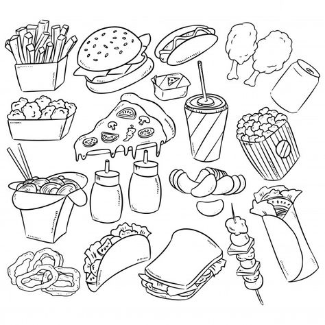 Coloring Pages Ideas, Pages Ideas, Illustration For Kids, Printable Food, Food Doodles, 귀여운 음식 그림, Food Coloring Pages, Food Sketch, Doodle Art Drawing