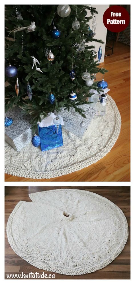 Snowbell Christmas Tree Skirt Free Knitting Pattern#freeknittingpattern  #knittingpatterns  #treeskirts  #christmasdecor Knitted Tree Skirts, Crocheted Christmas Tree Skirt Patterns, How To Knit A Christmas Tree Skirt, Tree Skirt Knitting Pattern Free, Knitted Christmas Tree Skirt, Knitted Christmas Tree Skirts Patterns Free, Knit Tree Skirt Pattern Free, Tree Skirts Christmas Free Pattern Knit, Knitted Christmas Tree Skirt Pattern