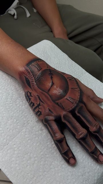 Skeleton Fingers Tattoo, Skeleton Tattoo Sleeve, Teenager Tattoos, Skeleton Fingers, Hand Clock Tattoo, Hand And Arm Tattoos, Skeleton Finger Tattoo, Hand Tattoos Skeleton, Forearm Hand Tattoo