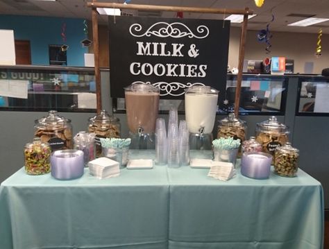 Milk and cookie bar Milk And Cookie Dessert Table, Cookie Bar Set Up, Milk And Cookie Bar Display, Milk And Cookie Station, Wedding Milk And Cookie Bar, Cookies And Milk Wedding Bar, Milk And Cookies Wedding Bar, Cookie And Milk Bar, Milk And Cookie Bar Wedding