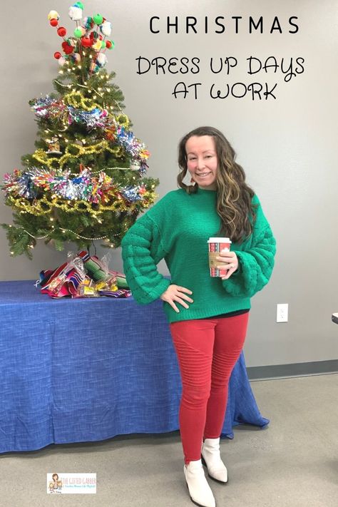 Dress Like A Elf For School, Work Holiday Outfit Ideas, Dress Like Santa Day At School, Work Christmas Dress Up Days, Most Festive Christmas Outfit, Holiday Spirit Week Ideas For Office, Red And Green Day Spirit Week Christmas, Grinch Theme Outfits, Underground Dress Up Days For Teachers