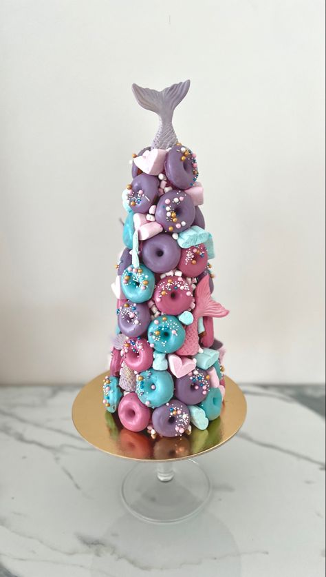 Mermaid, donuts, tails, donut tree, donut tower, sweet table, decor, sweet decor, marshmallow Mermaid Sweets Table, Mermaid Sweet Table, Mermaid Donuts Ideas, Mini Donut Tower, Donat Tower, Mermaid Dessert Table, Donuts Ideas, Donut Birthday Cake, Donut Decorating Ideas