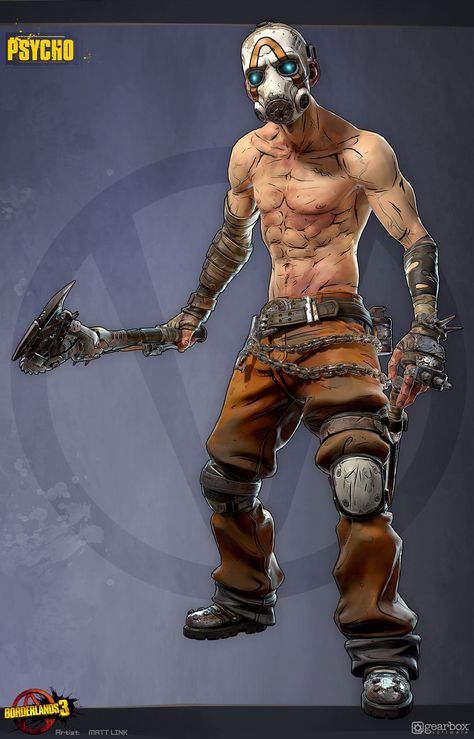 Borderlands 3:  Psycho by Matt LinkHere's the Psycho I made for Borderlands 3 my first asset to kick off this project.  Building the updated design for the iconic psycho and mask was a ton of fun.  Concept by: https://ift.tt/2x2SzN6 Borderlands Character Art, New Tales From The Borderlands, Borderlands Physco, Borderlands Concept Art, Borderlands Characters, Lilith Borderlands, Borderlands Cosplay, Borderlands 1, Borderlands Series